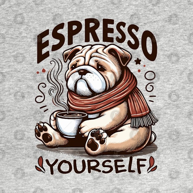 "Warm Espresso Bulldog - Cozy Coffee Humor" by WEARWORLD